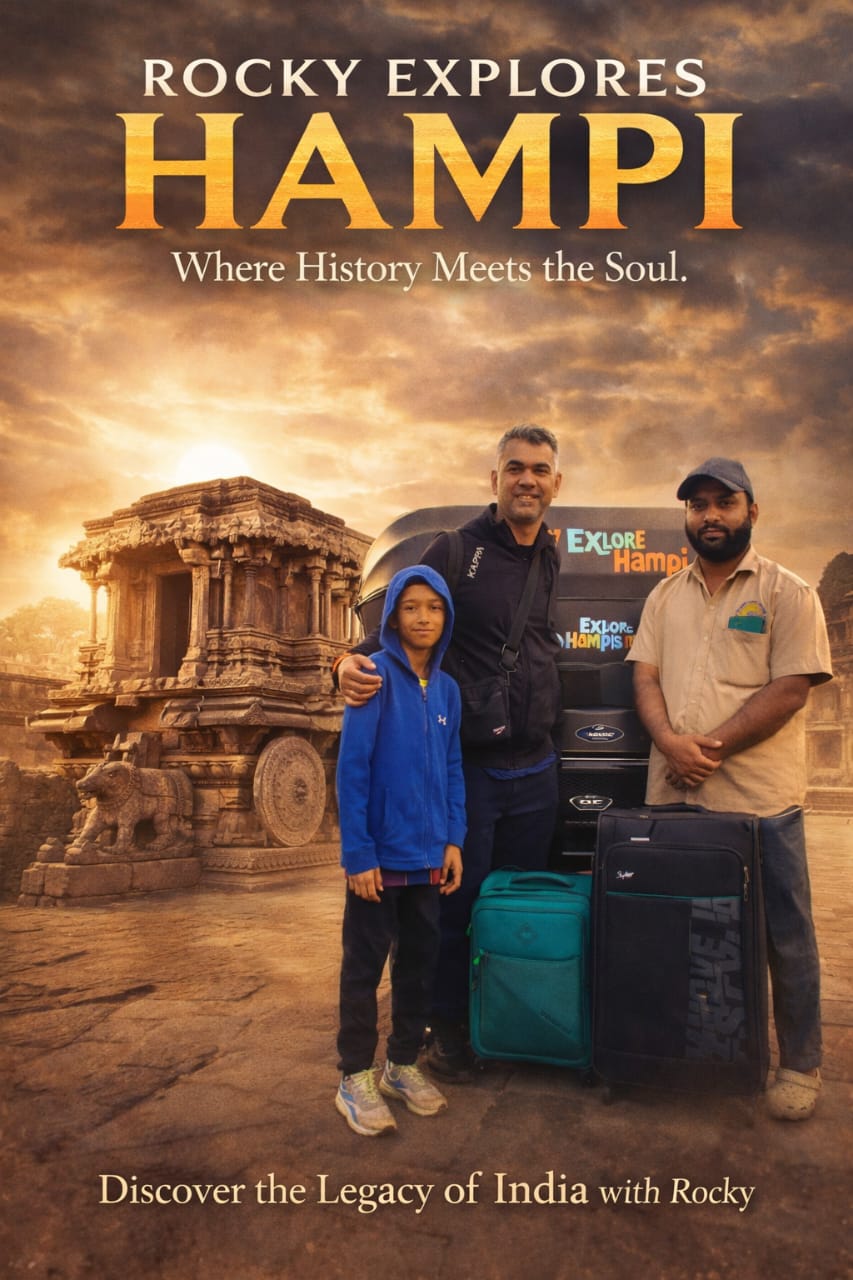 Rocky with family travellers at Stone Chariot Hampi